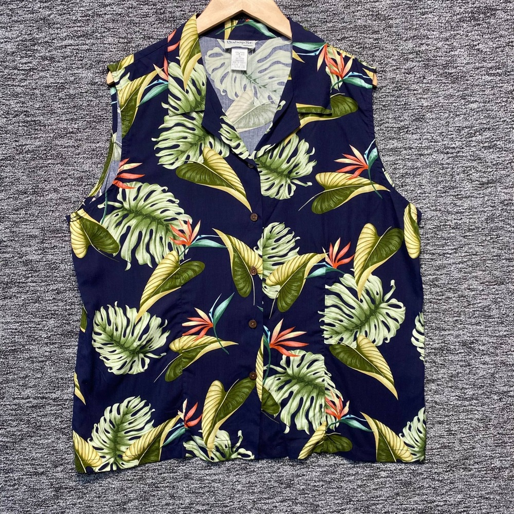 VTG Bishop St Apparel Sleeveless Hawaiian Shirt Womens 2XL Navy Tropical Floral
